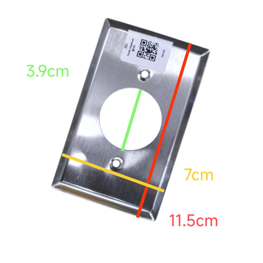 Metallic square with circular hole, measurements indicated, on a white background Grippes Twist Lock Outlet Metal Plate 39mm Hole 9221 Electx Electrical Supply