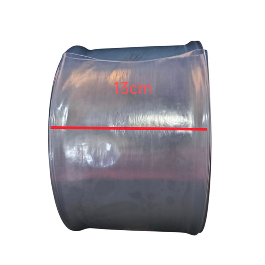 Roll of clear plastic wrap with a measurement label on a white background