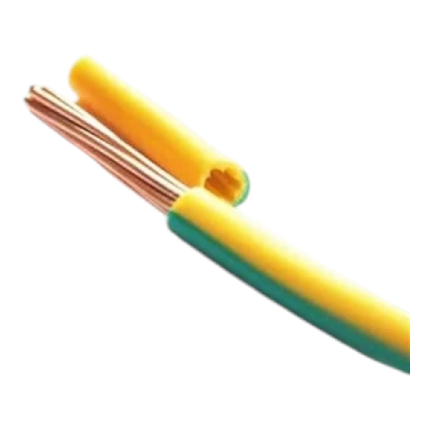 A close-up of a yellow and green insulated wire or cable with exposed copper-colored inner strands, shown on a plain white background.