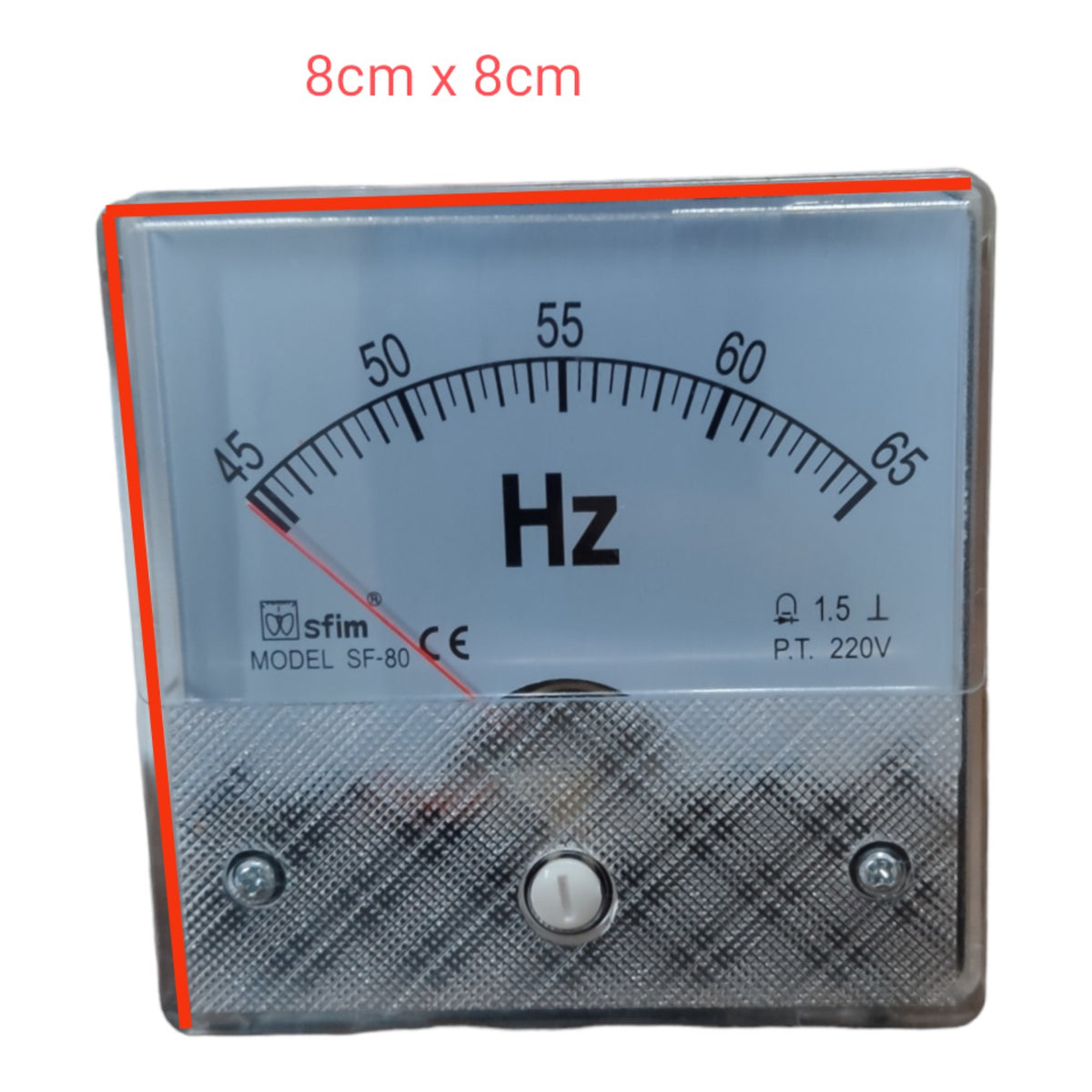 A square analog frequency meter with a clear protective cover, featuring a gray dial face, black scale markings up to 65 Hz, and a textured gray lower section. Red text at the top reads '8cm x 8cm'.