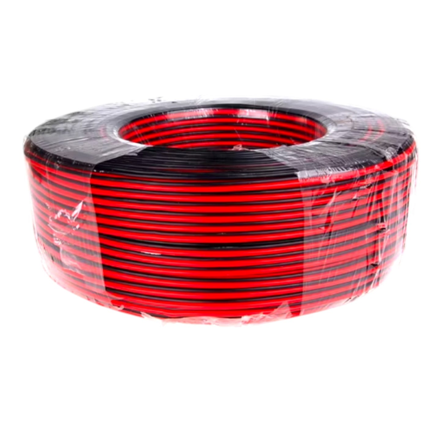 A spool of red and black electrical wire wrapped in clear plastic, shown against a plain white background.