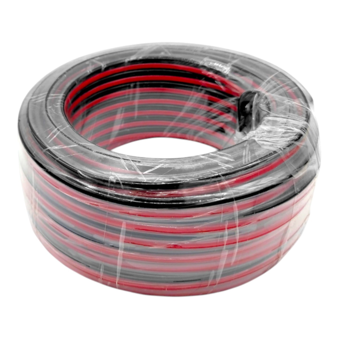 A coil of red and black electrical wire or cable wrapped in clear plastic, shown on a plain white background.