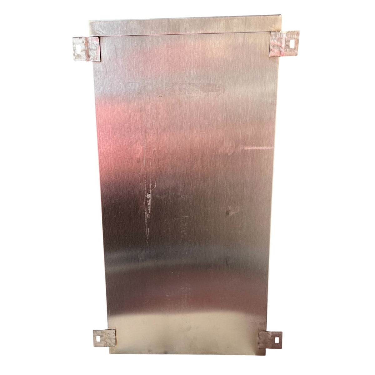 Brushed stainless steel internal mounting plate with four mounting brackets for the Himel 630A MCCB panel housing.