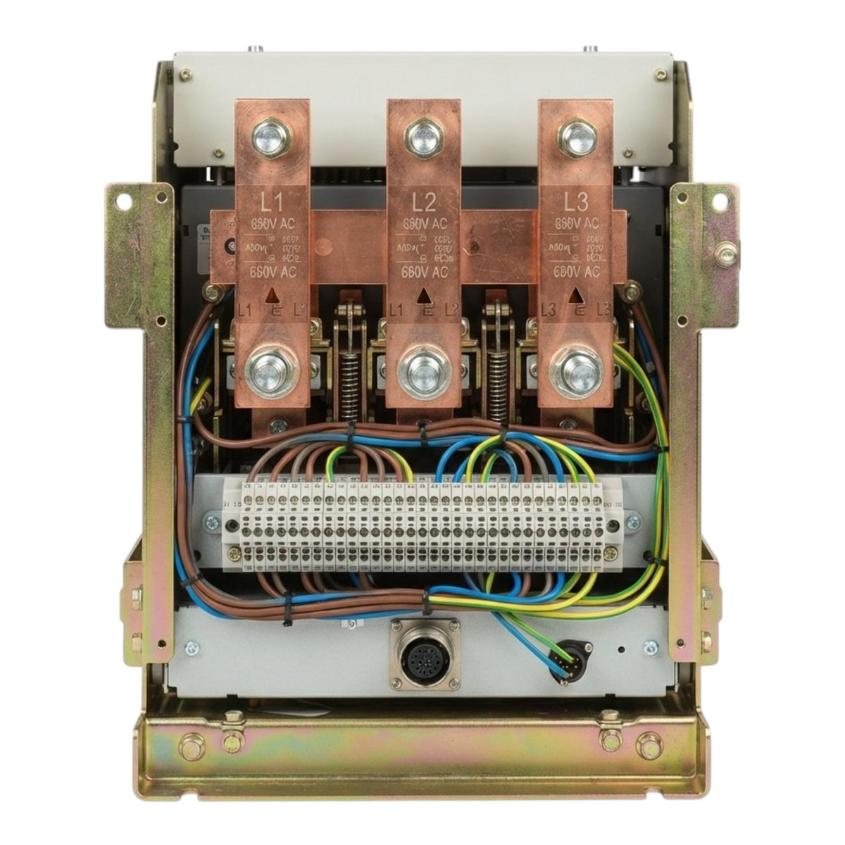 An industrial electrical contactor relay unit with three large copper-colored L1, L2, and L3 terminals, a white terminal block, and multicolored wiring inside a metal enclosure, shown on a plain white background.