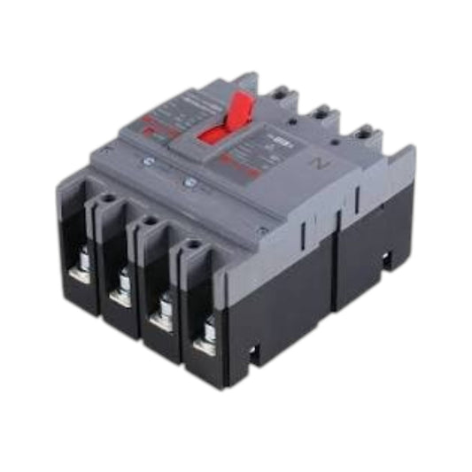 A three-phase electrical circuit breaker with a gray top casing, black base, and a red switch handle, shown on a plain white background.