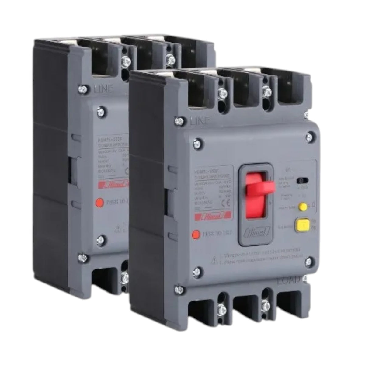 Two industrial electrical contactors shown on a plain white background, with the front unit in sharp focus and a second unit behind it at an angle. The contactors are dark gray with a red switch handle, small red and yellow indicator lights, and printed technical labels.