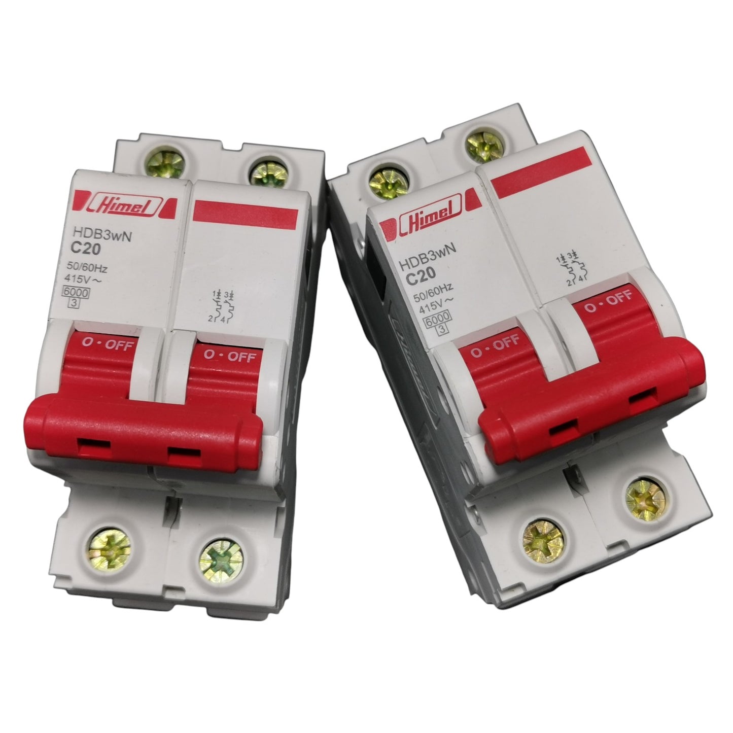 Two electrical circuit breakers with red and white design on a white background