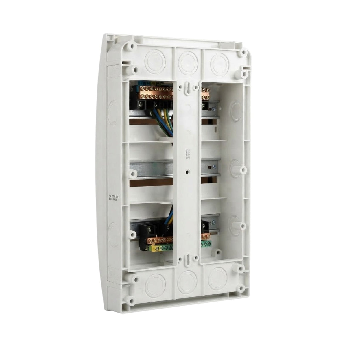 A white plastic electrical junction box with its cover removed, showing internal wiring terminals, copper bus bars, and blue and yellow wires, isolated on a white background.