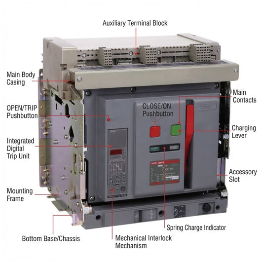 A labeled technical diagram of an electrical contact breaker or switch module, showing the main body, auxiliary terminal block, main contacts, charging lever, spring charge indicator, and other parts with callout lines on a white background.