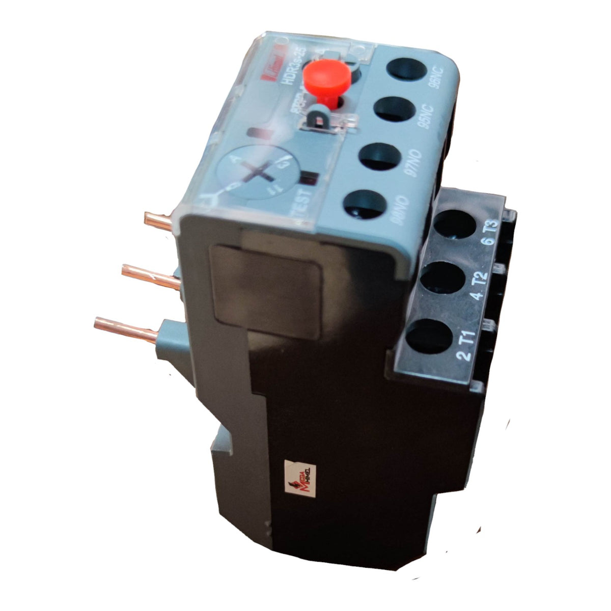 An industrial thermal overload relay with a light blue top cover, black main body, copper-colored thermal elements, and a red emergency stop button, shown on a white background.