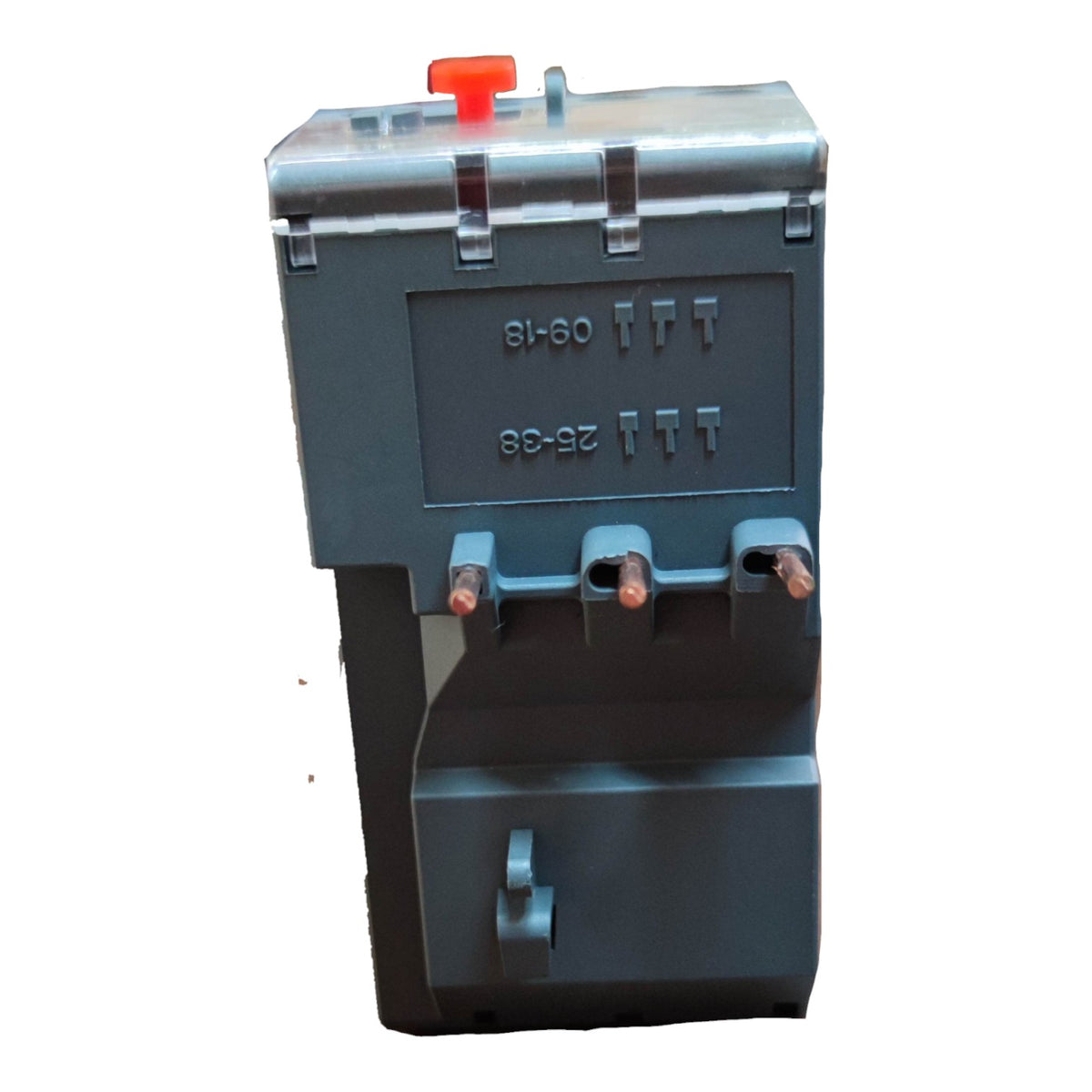 A dark gray electrical contactor or relay component with a red top switch, three terminal posts, and molded connection markings, shown on a plain white background.