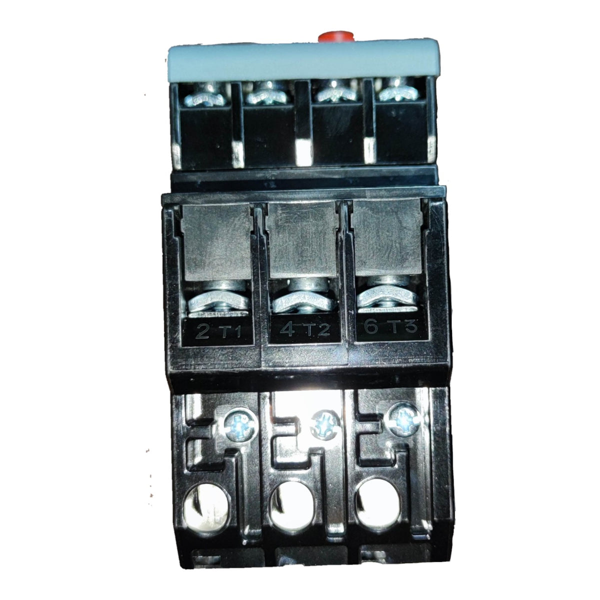 A black electrical contactor or relay component with three main terminal blocks, a top cover, and silver screw terminals, shown on a plain white background.