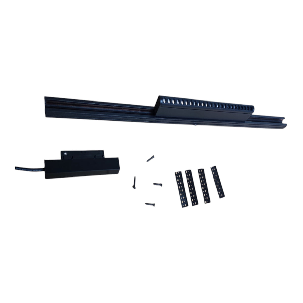 A black linear LED light bar kit with a control module, screws, and mounting brackets, displayed on a clean white background.
