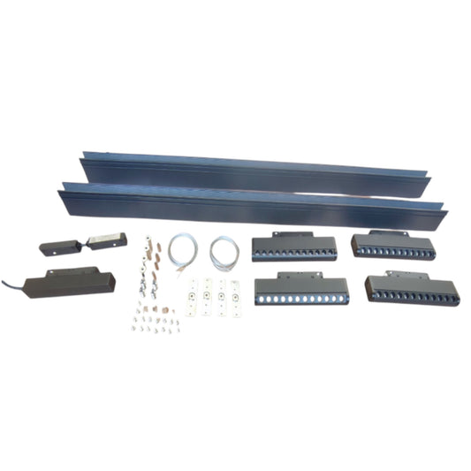 A hardware kit containing long dark blue metal rails, multiple black mounting brackets, silver wire, and small silver hardware pieces, arranged on a plain white background.