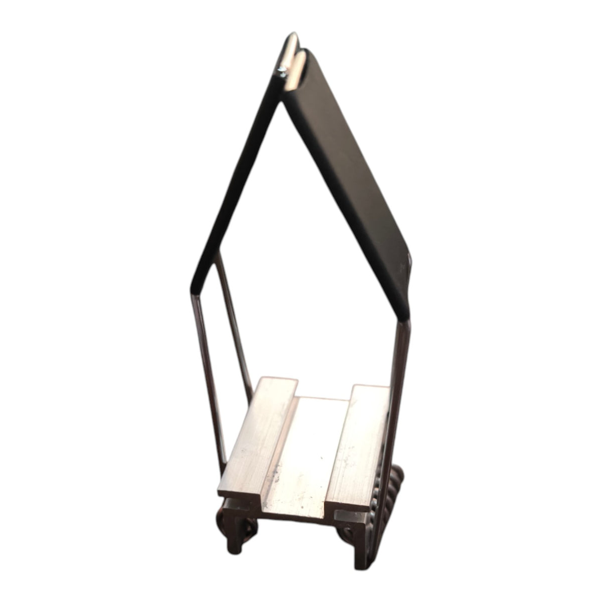 A black metal A-frame step ladder with light-colored wooden steps, isolated on a white background.