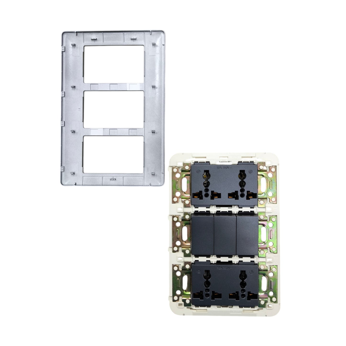 Omni 3 Gang 3 Way Switch with 4 Gang Universal Outlet with Ground Graphite Dark Gray 16A 250V DWP-119G+2XDWU-402G+3XDWS-223G