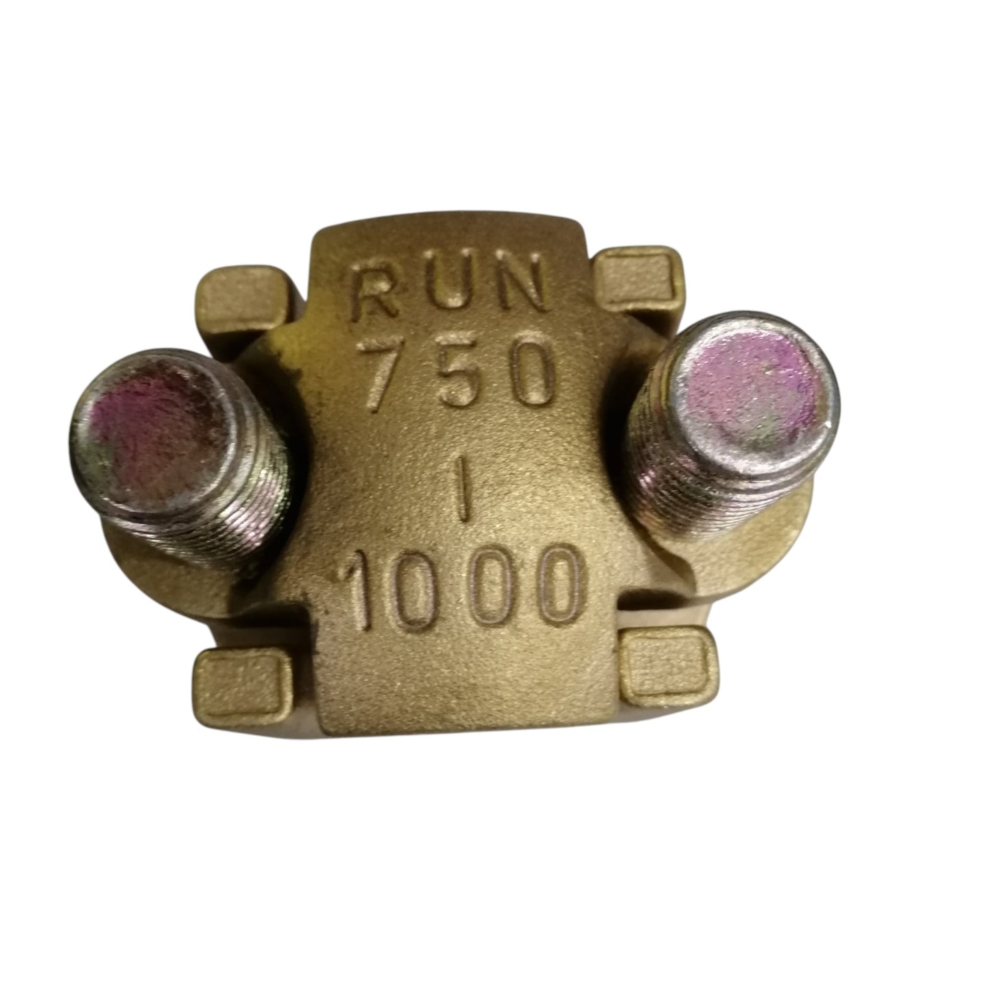 B-B Solderless Connector 2 Bolt bronze cable connector clamp with two threaded bolts marked RUN 750 1000