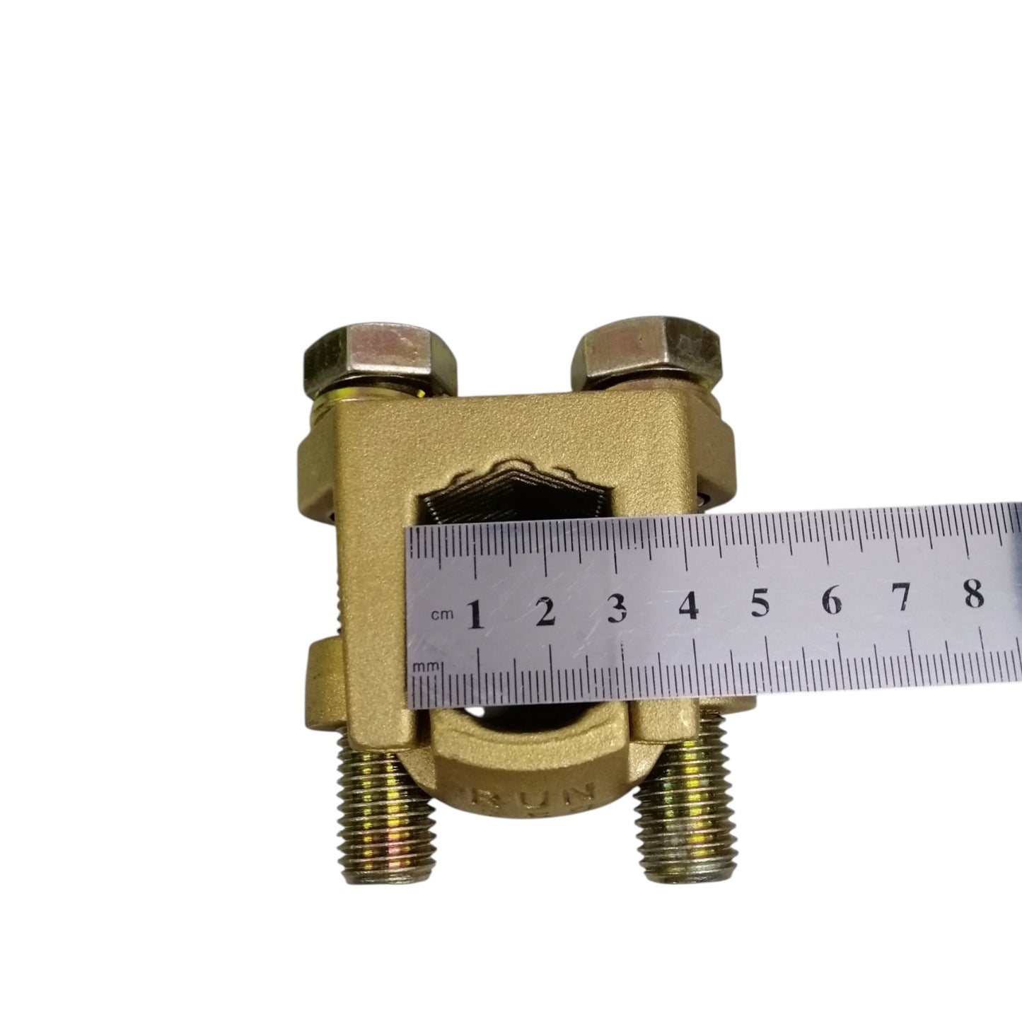 B-B Solderless Connector 2 Bolt brass cable clamp grounding connector with ruler showing inner diameter