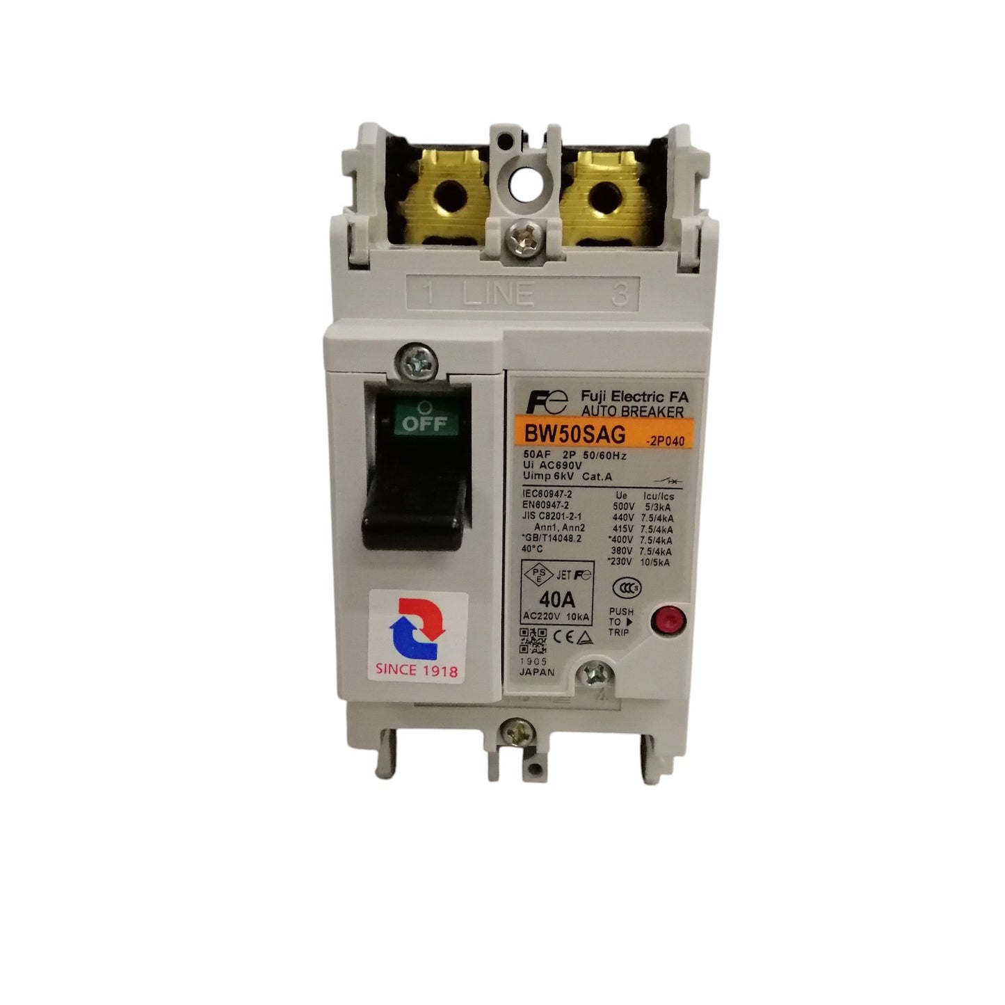 Fuji MCCB 40A MCCB 2 Pole molded case circuit breaker with black toggle switch and brass terminals