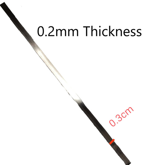 A thin black strip shown diagonally on a white background with text reading '0.2mm Thickness' and '0.