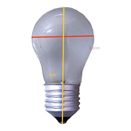 A frosted white light bulb with a silver screw base on a white background, overlaid with dimension lines and text indicating 4.5 cm width, 6 cm height, and overall 8 cm diameter.