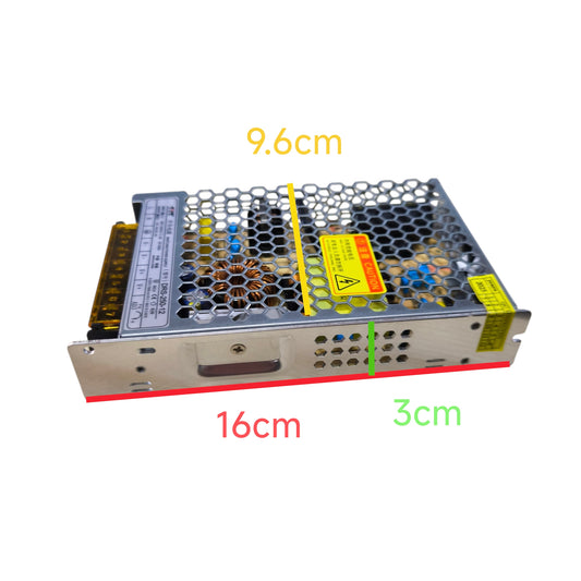 Power supply unit with dimensions labeled on a white background