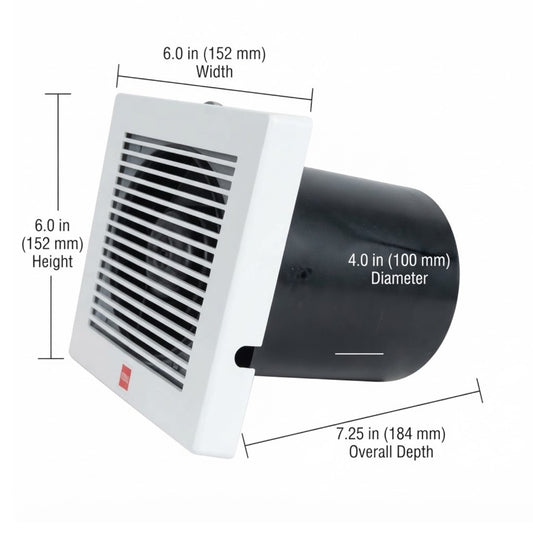 A square white vented wall fan with a black cylindrical duct, shown with dimension callouts for width, height, duct diameter, and overall depth on a white background.