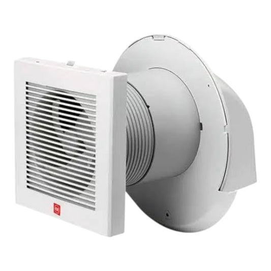 A white square wall-mounted exhaust fan with a ribbed front grille and a round flexible duct connector, shown on a plain white background.