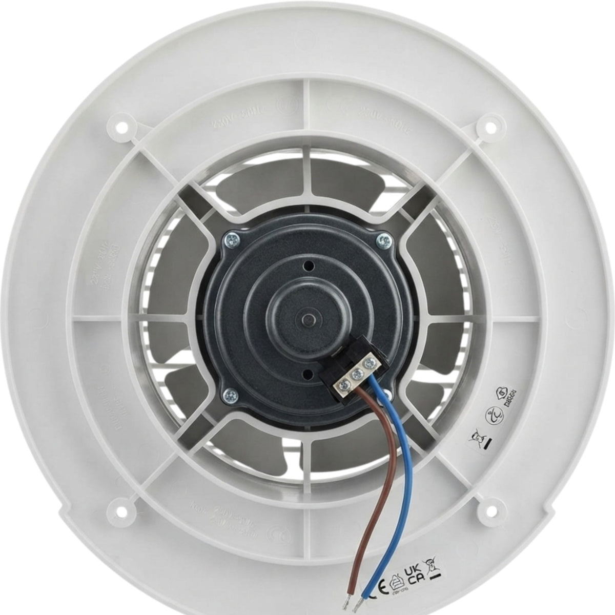 A white circular ceiling fan housing with a visible black central motor and wiring, photographed against a plain white background.