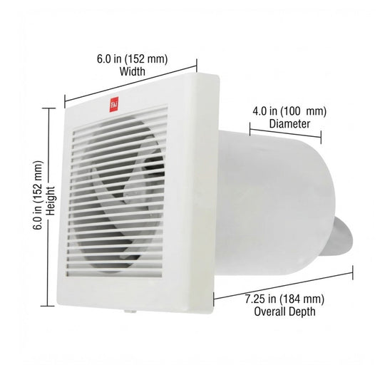 White wall-mounted exhaust fan with dimension callouts showing width 6.0 in (152 mm), height 6.