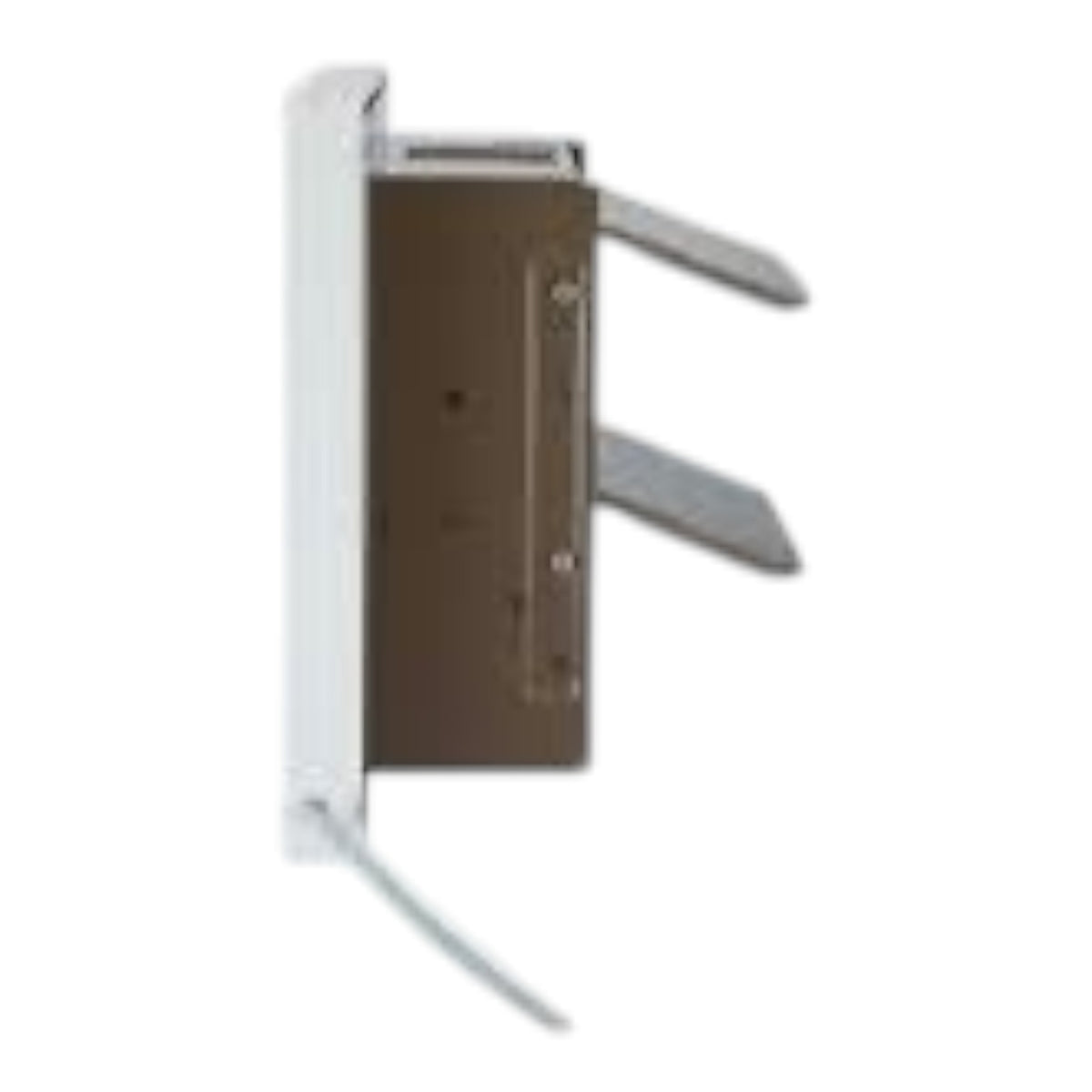 A wall-mounted door hardware set featuring a brown metal backplate and silver-toned hinges, shown against a plain white background.