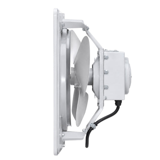 A white industrial wall-mounted fan assembly with a three-blade fan, mounting bracket, and attached motor housing on a plain white background.