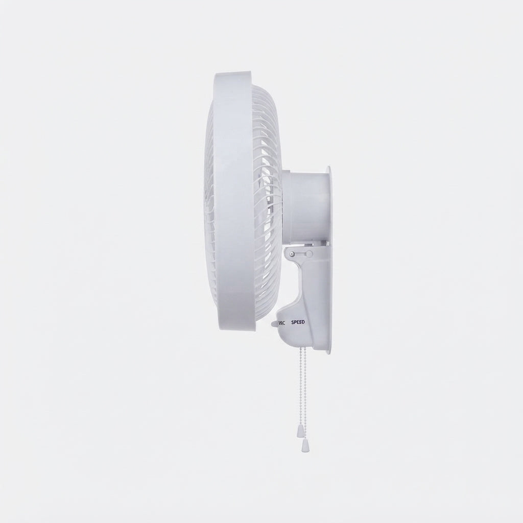 A white wall-mounted oscillating fan with a pull chain, shown from a side profile view against a solid white background.