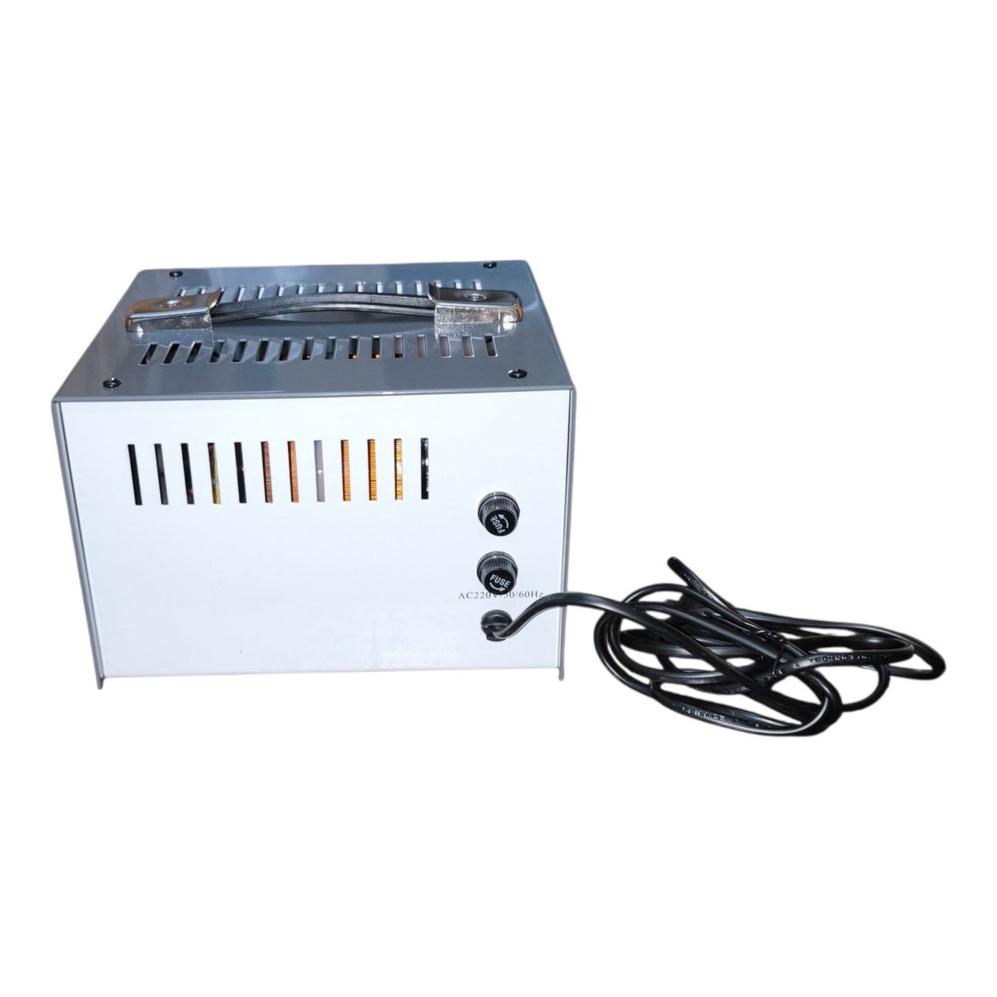 Small metal appliance with a power cord on a white background