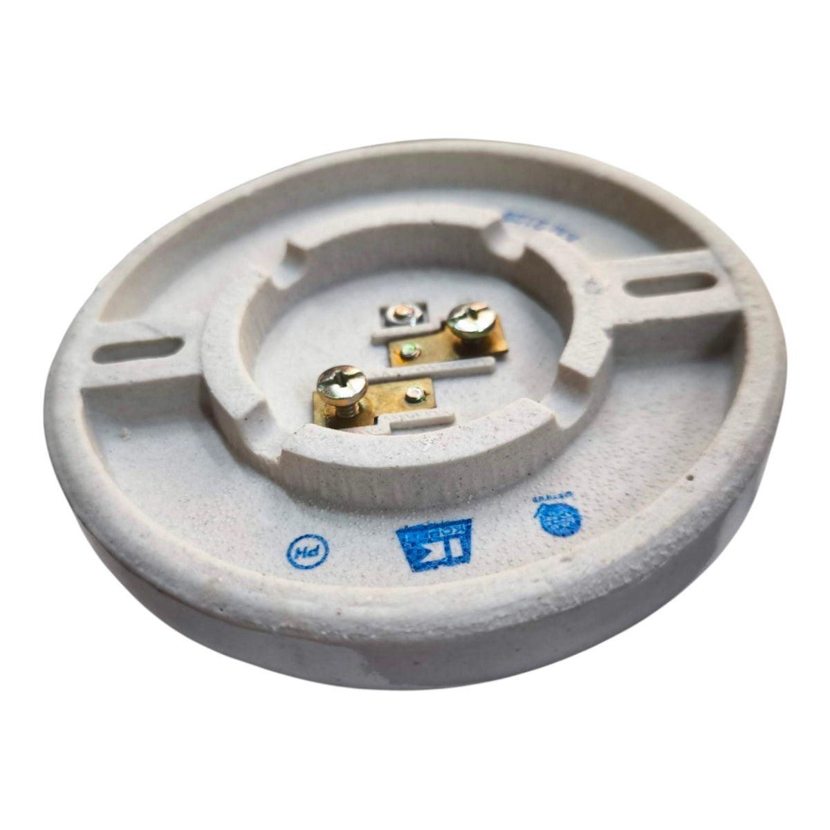 A circular white ceramic socket base with gold metal contact points and blue printed markings, shown on a plain white background.