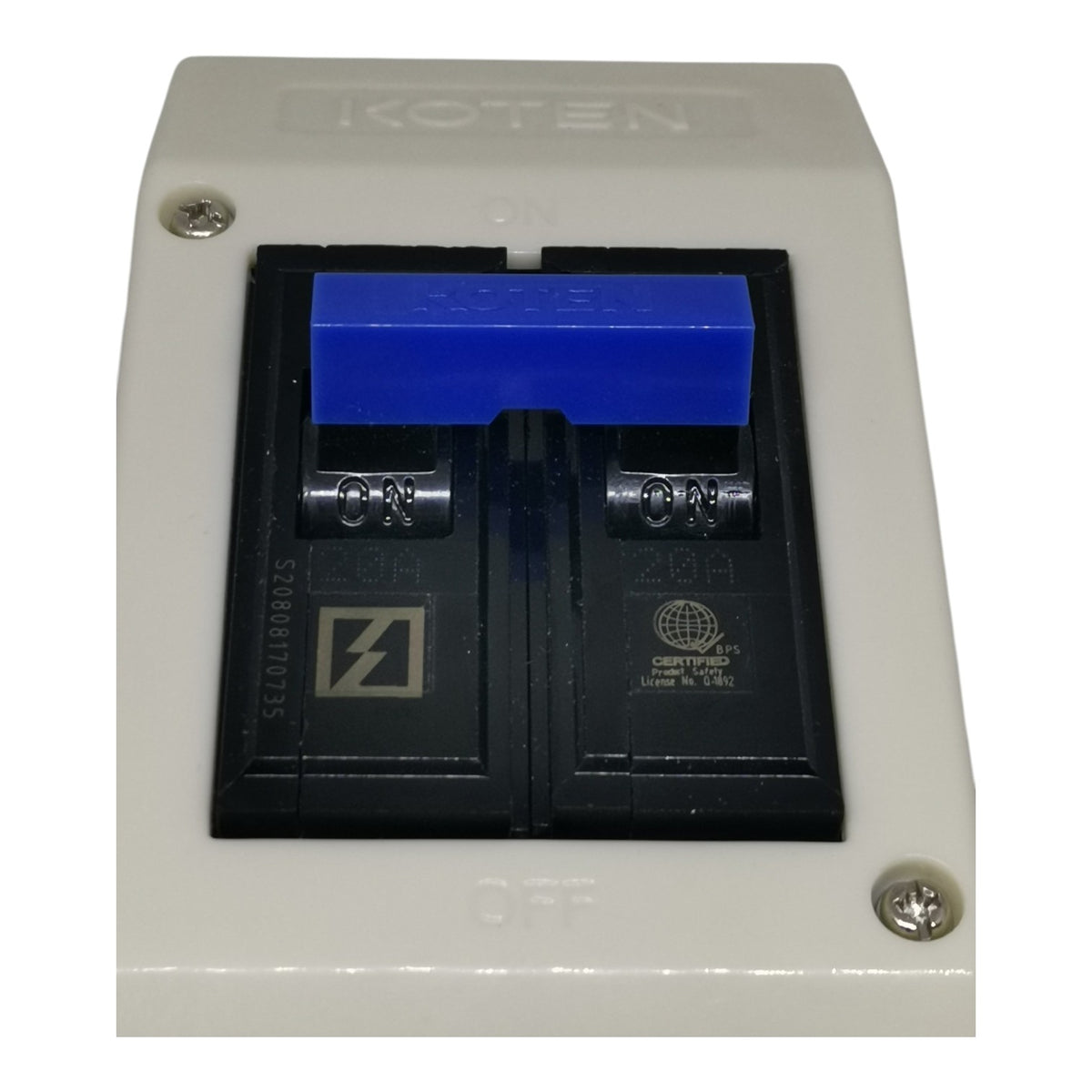 A KOTEN brand electrical outlet cover with a black double-gang circuit breaker insert featuring a blue handle, shown on a white background.