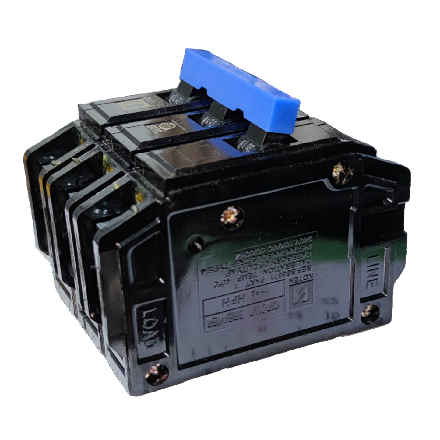 Electrical breaker switch with blue handle on a white background Koten 60A 3Pole 10KAIC 220V Circuit Breaker 3 Phase Bolt On HPH3P60A For Safety Overload