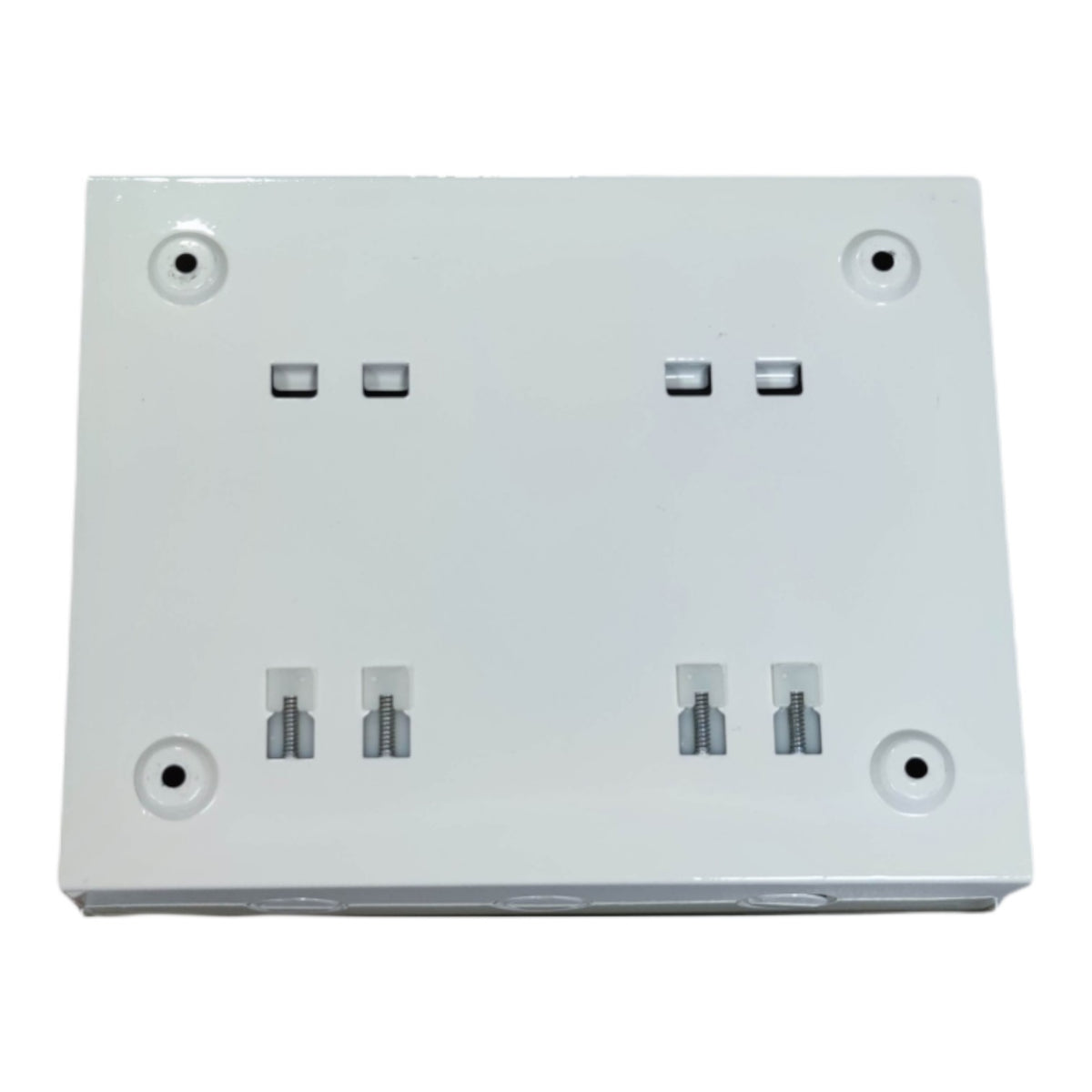 White electrical wall plate with multiple sockets on a white background