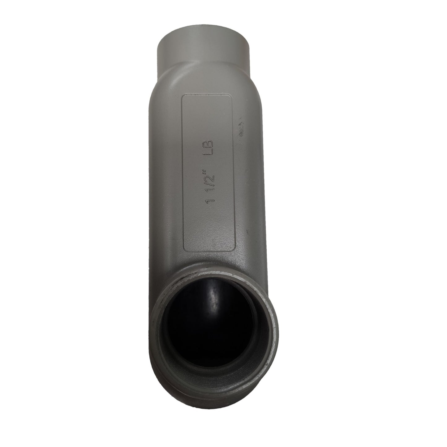 Gray plastic pipe fitting on a white background