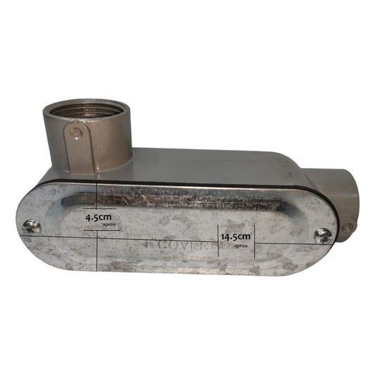 Metal pipe fitting with dimensions on a white background
