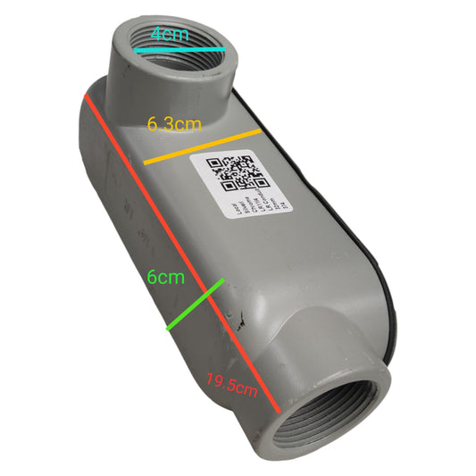 Gray pipe fitting with measurements and a QR code on a white background