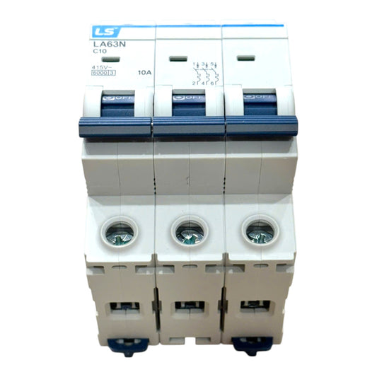 A three-way modular circuit breaker (MCB) module from the brand LS, featuring white plastic housings, blue switch levers, and blue terminal covers on a clean white background.