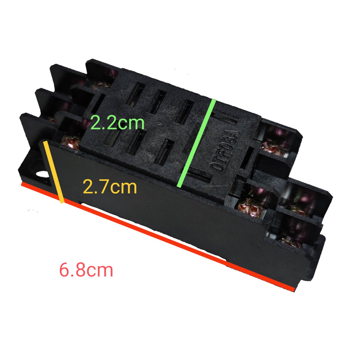 Black plastic electrical terminal block with overlaid dimension labels showing 6.8cm, 2.