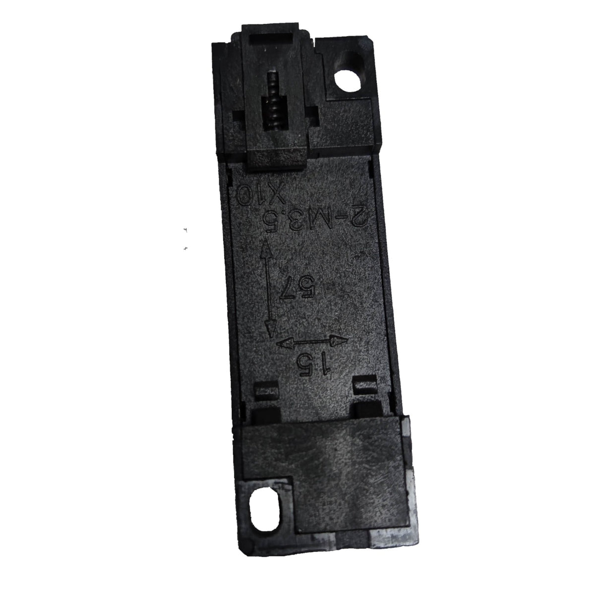 A black plastic electrical connector component with molded markings, shown against a plain white background.