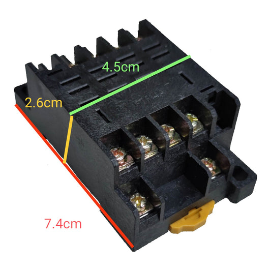 Black plastic electrical terminal block with measurement annotations showing dimensions of 7.4cm, 4.