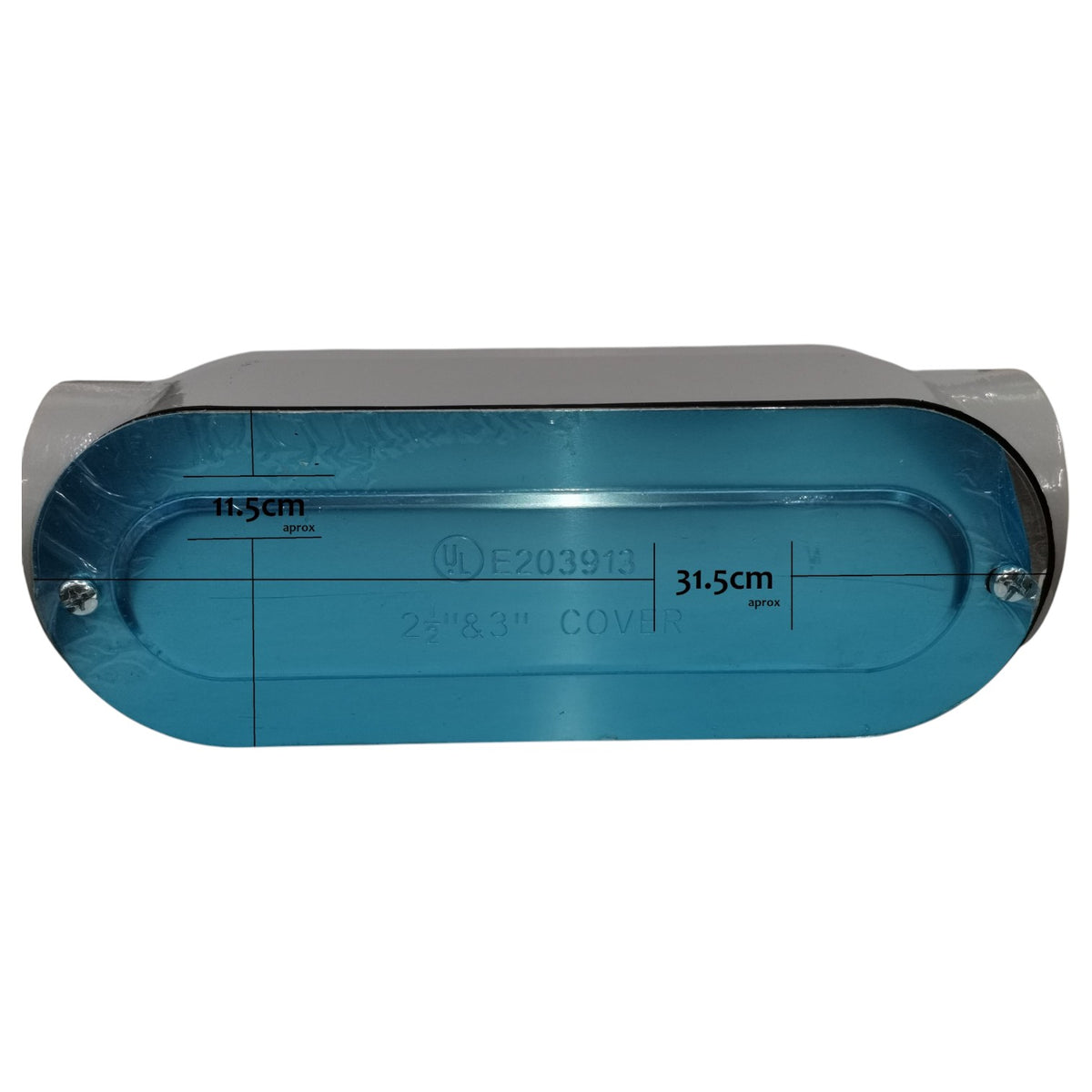 Rectangular metal box with blue interior and visible branding on a white background
