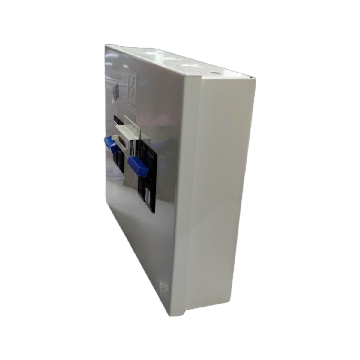 White electrical panel with blue handles on a white background