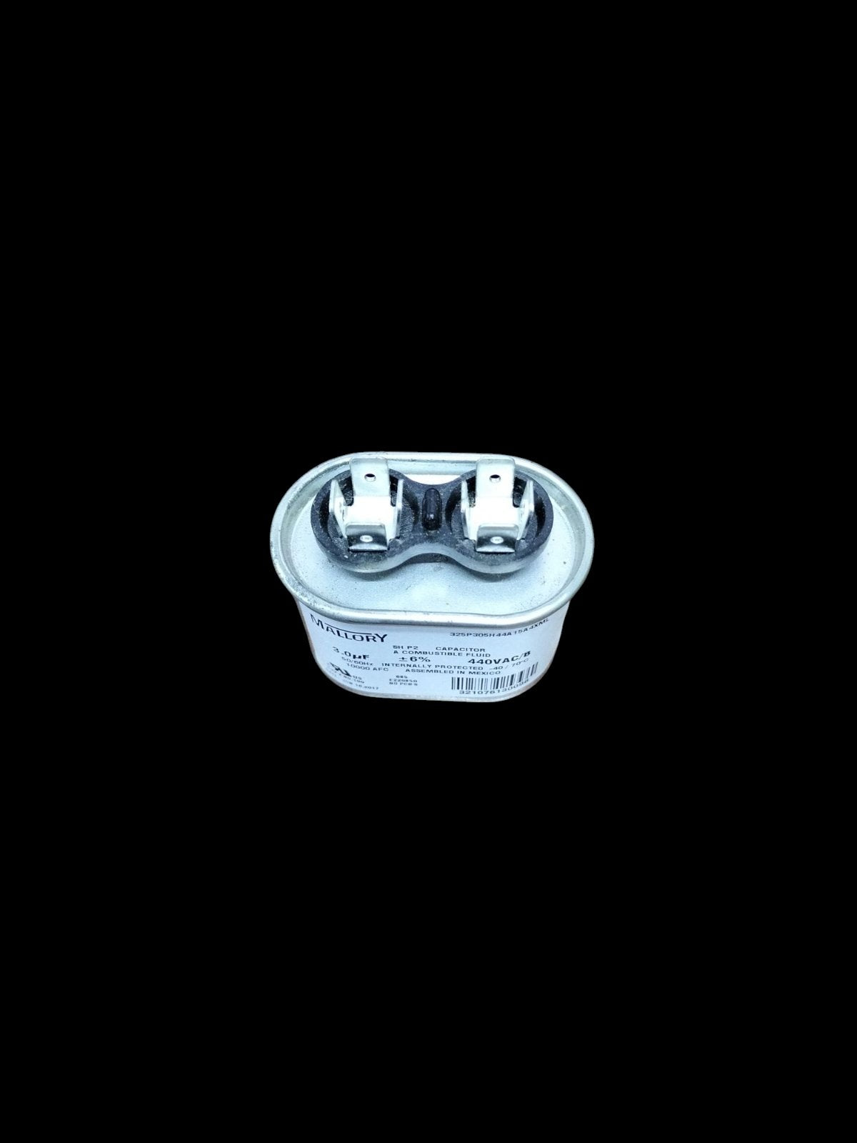 Mallory Oil-Filled Metallized Polypropylene Film Running Capacitor 3UF 440V AC 50/60Hz Cylindrical Aluminum Can, With Resin-Sealed Terminals, Assembled in MEXICO