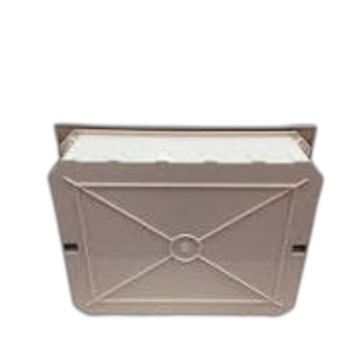 A square plastic storage box with a hinged lid, shown open to reveal a white interior. The exterior of the box is a light taupe or beige color with a molded envelope-style design on the front panel.