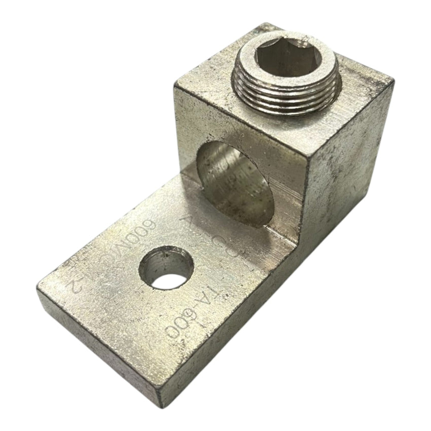Metal fitting with threaded holes on a white background
